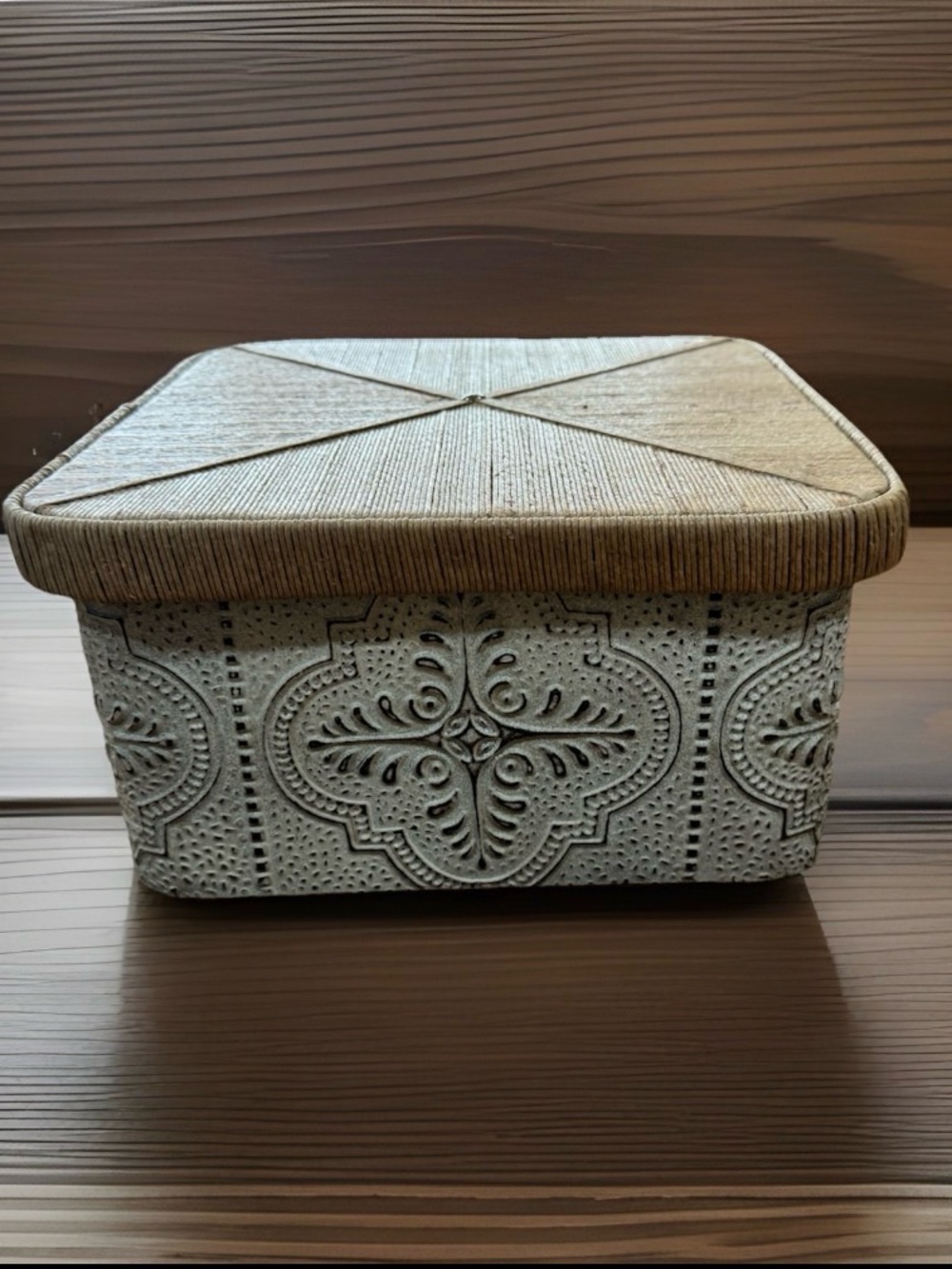 Decorative Storage Box 12x12 Woven Lid Embossed Metal Vintage Style Organizer